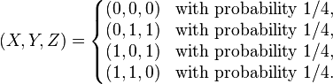 (X,Y,Z)=\left\{\begin{matrix}
(0,0,0) & \text{with probability}\ 1/4, \\
(0,1,1) & \text{with probability}\ 1/4, \\
(1,0,1) & \text{with probability}\ 1/4, \\
(1,1,0) & \text{with probability}\ 1/4.
\end{matrix}\right.
