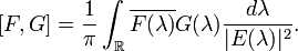 [F,G]=\frac{1}{\pi} \int_{\mathbb{R}} \overline{F(\lambda)} G(\lambda) \frac{d\lambda}{|E(\lambda)|^2}.