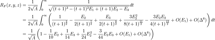 \begin{align}R_{F}(x,y,z) & = \frac{1}{2 \sqrt{A}} \int _{0}^{\infty}\frac{1}{\sqrt{(t + 1)^{3} - (t + 1)^{2} E_{1} + (t + 1) E_{2} - E_{3}}} dt \\
 & = \frac{1}{2 \sqrt{A}} \int _{0}^{\infty}\left( \frac{1}{(t + 1)^{\frac{3}{2}}} - \frac{E_{2}}{2 (t + 1)^{\frac{7}{2}}} + \frac{E_{3}}{2 (t + 1)^{\frac{9}{2}}} + \frac{3 E_{2}^{2}}{8 (t + 1)^{\frac{11}{2}}} - \frac{3 E_{2} E_{3}}{4 (t + 1)^{\frac{13}{2}}} + O(E_{1}) + O(\Delta^{6})\right) dt \\
 & = \frac{1}{\sqrt{A}} \left( 1 - \frac{1}{10} E_{2} + \frac{1}{14} E_{3} + \frac{1}{24} E_{2}^{2} - \frac{3}{44} E_{2} E_{3} + O(E_{1}) + O(\Delta^{6})\right) \end{align}