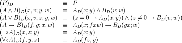 
\begin{array}{lcl}
(P)_D & \equiv & P \\
(A \wedge B)_D(x, v; y, w) & \equiv & A_D(x; y) \wedge B_D(v; w) \\
(A \vee B)_D(x, v, z; y, w) & \equiv & (z = 0 \rightarrow A_D(x; y)) \wedge (z \neq 0 \to B_D(v; w)) \\
(A \rightarrow B)_D(f, g; x, w) & \equiv & A_D(x; f x w) \rightarrow B_D(g x; w) \\
(\exists z A)_D(x, z; y) & \equiv & A_D(x; y) \\
(\forall z A)_D(f; y, z) & \equiv & A_D(f z; y)
\end{array}
