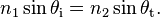 n_1 \sin \theta_\mathrm{i} = n_2 \sin \theta_\mathrm{t}.