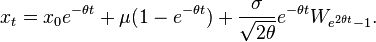  x_t=x_0 e^{-\theta t} +\mu (1-e^{-\theta t})+
{\sigma\over\sqrt{2\theta}}e^{-\theta t}W_{e^{2\theta t}-1}. 