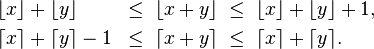 \begin{align}
&\lfloor x \rfloor + \lfloor y \rfloor &\leq \;\lfloor x + y \rfloor \;&\leq\; \lfloor x \rfloor + \lfloor y \rfloor + 1,\\
&\lceil x \rceil + \lceil y \rceil -1 &\leq \;\lceil x + y \rceil \;&\leq \;\lceil x \rceil + \lceil y \rceil.
\end{align}