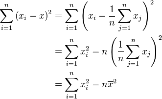 
\begin{align}
\sum_{i=1}^n  \left(x_i - \overline{x} \right)^2 &= \sum_{i=1}^n  \left(x_i - \frac 1 n \sum_{j=1}^n x_j \right)^2 \\
&= \sum_{i=1}^n x_i^2 - n \left(\frac 1 n \sum_{j=1}^n x_j \right)^2 \\
&= \sum_{i=1}^n x_i^2 - n \overline{x}^2
\end{align}

