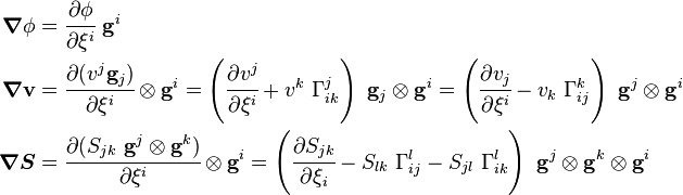 \begin{align}
   \boldsymbol{\nabla}\phi & = \cfrac{\partial\phi}{\partial \xi^i}~\mathbf{g}^i \\
   \boldsymbol{\nabla}\mathbf{v} & = \cfrac{\partial (v^j \mathbf{g}_j)}{\partial \xi^i}\otimes\mathbf{g}^i 
        = \left(\cfrac{\partial v^j}{\partial \xi^i} + v^k~\Gamma_{ik}^j\right)~\mathbf{g}_j\otimes\mathbf{g}^i
        = \left(\cfrac{\partial v_j}{\partial \xi^i} - v_k~\Gamma_{ij}^k\right)~\mathbf{g}^j\otimes\mathbf{g}^i\\
   \boldsymbol{\nabla}\boldsymbol{S} & = \cfrac{\partial (S_{jk}~\mathbf{g}^j\otimes\mathbf{g}^k)}{\partial \xi^i}\otimes\mathbf{g}^i 
        = \left(\cfrac{\partial S_{jk}}{\partial \xi_i}- S_{lk}~\Gamma_{ij}^l - S_{jl}~\Gamma_{ik}^l\right)~\mathbf{g}^j\otimes\mathbf{g}^k\otimes\mathbf{g}^i
   \end{align} 