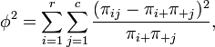  \phi^2 = \sum_{i=1}^r\sum_{j=1}^c\frac{(\pi_{ij}-\pi_{i+}\pi_{+j})^2}{\pi_{i+}\pi_{+j}} ,