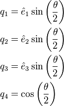 
\begin{align}
 q_1 &= \hat{e}_1\sin\left(\frac{\theta}{2}\right) \\
 q_2 &= \hat{e}_2\sin\left(\frac{\theta}{2}\right) \\
 q_3 &= \hat{e}_3\sin\left(\frac{\theta}{2}\right) \\
 q_4 &= \cos\left(\frac{\theta}{2}\right)
\end{align}
