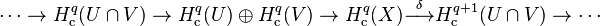 \cdots \to H^q_{\mathrm c}(U \cap V) \to H^q_{\mathrm c}(U)\oplus H^q_{\mathrm c}(V) \to H^q_{\mathrm c}(X) \overset{\delta}{\longrightarrow} H^{q+1}_{\mathrm c}(U\cap V) \to \cdots 