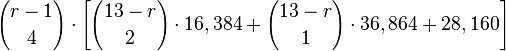 {r-1 \choose 4} \cdot \left[ {13-r \choose 2} \cdot 16,384 + {13-r \choose 1} \cdot 36,864 + 28,160 \right]