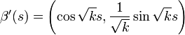 \beta'(s) = \left(\cos\sqrt{k}s,\frac{1}{\sqrt{k}}\sin\sqrt{k}s\right)