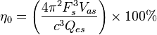 \eta_0 = \left(\frac{4 \pi^2 F_s^3 V_{as}}{c^3 Q_{es}}\right)\times100\%