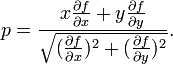 p=\frac{x\frac{\partial f}{\partial x}+y\frac{\partial f}{\partial y}}{\sqrt{(\frac{\partial f}{\partial x})^2+(\frac{\partial f}{\partial y})^2}}.