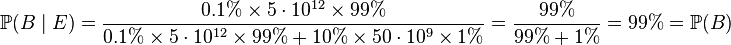 \mathbb{P}(B\mid E) = \frac{0.1\% \times 5 \cdot 10^{12} \times 99\%}{0.1%\times 5\cdot 10^{12} \times 99\% +10\% \times 50\cdot 10^{9} \times 1\%} = \frac{99\%}{99\% + 1\%} =99\%=\mathbb{P}(B) 