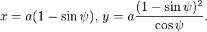 x=a(1-\sin\psi),\,y=a\frac{(1-\sin\psi)^2}{\cos\psi}.