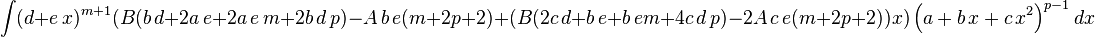 
  \int (d+e\,x)^{m+1} (B (b\,d+2 a\,e+2 a\,e\,m+2 b\,d\,p)-A\,b\,e (m+2 p+2)+(B (2 c\,d+b\,e+b\,e m+4 c\,d\,p)-2 A\,c\,e (m+2 p+2))x)\left(a+b\,x+c\,x^2\right)^{p-1}dx
