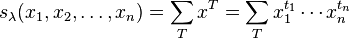 
s_\lambda(x_1,x_2,\ldots,x_n)=\sum_T x^T = \sum_T x_1^{t_1}\cdots x_n^{t_n}
