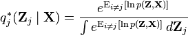 q_j^{*}(\mathbf{Z}_j\mid \mathbf{X}) = \frac{e^{\operatorname{E}_{i \neq j} [\ln p(\mathbf{Z}, \mathbf{X})]}}{\int e^{\operatorname{E}_{i \neq j} [\ln p(\mathbf{Z}, \mathbf{X})]}\, d\mathbf{Z}_j}