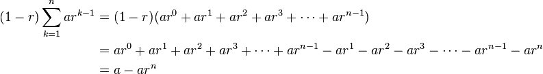 \begin{align}
(1-r) \sum_{k=1}^{n} ar^{k-1} & = (1-r)(ar^0 + ar^1+ar^2+ar^3+\cdots+ar^{n-1}) \\
 & = ar^0 + ar^1+ar^2+ar^3+\cdots+ar^{n-1} - ar^1-ar^2-ar^3-\cdots-ar^{n-1} - ar^n \\
 & = a - ar^n
\end{align}