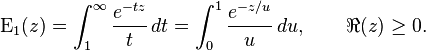 \mathrm{E}_1(z) = \int_1^\infty \frac{e^{-tz}}{t}\, dt = \int_0^1 \frac{e^{-z/u}}{u}\, du ,\qquad \Re(z) \ge 0.