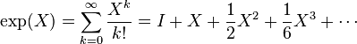 \exp (X) = \sum_{k=0}^\infty\frac{X^k}{k!} = I + X + \frac{1}{2}X^2 + \frac{1}{6}X^3 + \cdots
