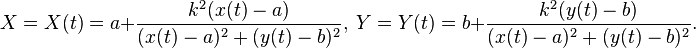 X=X(t)=a+\frac{k^2(x(t)-a)}{(x(t)-a)^2 + (y(t)-b)^2},\ Y=Y(t)=b+\frac{k^2(y(t)-b)}{(x(t)-a)^2 + (y(t)-b)^2}.