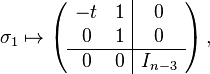 \sigma_1 \mapsto \left( \begin{array}{cc|c}-t & 1 & 0 \\ 0 & 1 & 0 \\ \hline 0 & 0 & I_{n-3} \end{array} \right),