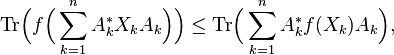  {\rm Tr}\Bigl(f\Bigl(\sum_{k=1}^nA_k^*X_kA_k\Bigr)\Bigr)\leq {\rm Tr}\Bigl(\sum_{k=1}^n A_k^*f(X_k)A_k\Bigr),