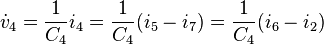 \dot{v}_4 = {1 \over C_4} i_4 = {1 \over C_4} (i_5 - i_7)  = {1 \over C_4} (i_6 - i_2) 