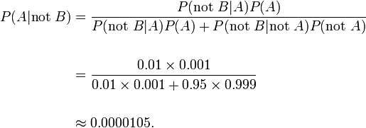 \begin{align} P(A |\text{not }B) &= \frac{P(\text{not }B | A) P(A)}{P(\text{not }B | A)P(A) + P(\text{not }B |\text{not }A)P(\text{not }A)} \\ \\

 &= \frac{0.01\times 0.001}{0.01 \times 0.001 + 0.95\times 0.999} \\ ~\\ &\approx 0.0000105.\end{align}
