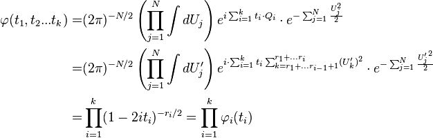 \begin{align}
\varphi(t_1, t_2... t_k) =& (2\pi)^{-N/2} \left(\prod_{j=1}^N \int dU_j\right) e^{i \sum_{i=1}^k t_i \cdot Q_i} \cdot e^{-\sum_{j=1}^N \frac{U_j^2}{2}} \\
=& (2\pi)^{-N/2} \left(\prod_{j=1}^N \int dU_j^\prime\right) e^{i \cdot \sum_{i=1}^k t_i \sum_{k = r_1+...r_{i-1}+1}^{r_1+...r_i}  (U_k^\prime)^2} \cdot e^{-\sum_{j=1}^N \frac{{U_j^\prime}^2}{2}}  \\
=& \prod_{i=1}^k (1 - 2 i t_i)^{-r_i/2} = \prod_{i=1}^k \varphi_i(t_i)
\end{align}