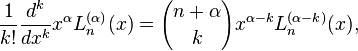 \frac{1}{k!} \frac{d^k}{d x^k} x^\alpha L_n^{(\alpha)} (x) = {n+\alpha \choose k} x^{\alpha-k} L_n^{(\alpha-k)}(x),