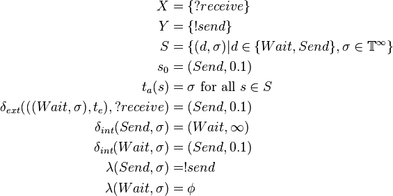 
\begin{align}
 X &= \{?receive\}\\
 Y &= \{!send\}\\
 S &= \{(d,\sigma)| d \in \{Wait,Send\}, \sigma \in \mathbb{T}^\infty\}\\
 s_0 &= (Send, 0.1)\\
 t_a(s) &=\sigma \text{ for all } s \in S\\
\delta_{ext}(((Wait,\sigma),t_e),?receive)&=(Send,0.1)\\
\delta_{int}(Send,\sigma)&=(Wait,\infty)\\
\delta_{int}(Wait,\sigma)&=(Send,0.1)\\
\lambda(Send,\sigma)&=!send\\
\lambda(Wait,\sigma)&=\phi
\end{align}
