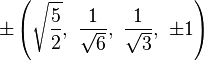 \pm\left(\sqrt{\frac{5}{2}},\ \frac{1}{\sqrt{6}},\  \frac{1}{\sqrt{3}},\  \pm1\right)