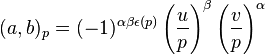 (a,b)_p = (-1)^{\alpha\beta\epsilon(p)} \left(\frac{u}{p}\right)^\beta \left(\frac{v}{p}\right)^\alpha