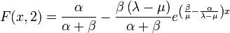 F(x,2) = \frac{\alpha}{\alpha+\beta}-\frac{\beta\left(\lambda-\mu\right)}{\alpha+\beta}e^{\left(\frac{\beta}{\mu}-\frac{\alpha}{\lambda-\mu}\right) x}