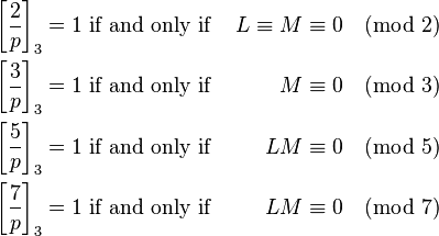 
\begin{align}
\left[\frac{2}{p}\right]_3 =1 &\mbox{ if and only if } &L \equiv M &\equiv 0 \pmod{2} \\
\left[\frac{3}{p}\right]_3 =1 &\mbox{ if and only if } &M &\equiv 0 \pmod{3}\\
\left[\frac{5}{p}\right]_3 =1 &\mbox{ if and only if } &LM &\equiv 0 \pmod{5}\\
\left[\frac{7}{p}\right]_3 =1 &\mbox{ if and only if } &LM &\equiv 0 \pmod{7}\\
\end{align}
