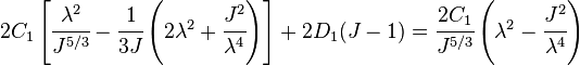 
   2C_1\left[\cfrac{\lambda^2}{J^{5/3}} - \cfrac{1}{3J}\left(2\lambda^2+\cfrac{J^2}{\lambda^4}\right)\right] + 2D_1(J-1) = \cfrac{2C_1}{J^{5/3}}\left(\lambda^2 - \cfrac{J^2}{\lambda^4}\right)
 