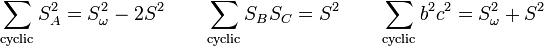  \sum_\text{cyclic} S_A^2 = S_\omega^2 - 2S^2 \quad\quad  \sum_\text{cyclic} S_BS_C = S^2 \quad\quad \sum_\text{cyclic} b^2c^2 =  S_\omega^2 + S^2 \, 