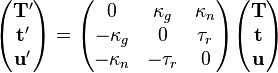 \begin{pmatrix}
\mathbf{T'}\\
\mathbf{t'}\\
\mathbf{u'}
\end{pmatrix}
=
\begin{pmatrix}
0&\kappa_g&\kappa_n\\
-\kappa_g&0&\tau_r\\
-\kappa_n&-\tau_r&0
\end{pmatrix}
\begin{pmatrix}
\mathbf{T}\\
\mathbf{t}\\
\mathbf{u}
\end{pmatrix}
