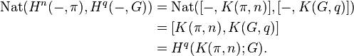 \begin{align}\displaystyle\mathrm{Nat}(H^n(-,\pi),H^q(-,G)) &= \mathrm{Nat}([-,K(\pi,n)],[-,K(G,q)])\\ &= [K(\pi,n),K(G,q)]\\ &= H^q(K(\pi,n);G).\end{align}