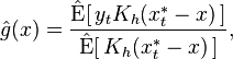 
    \hat{g}(x) = \frac{\hat{\operatorname{E}}[\,y_tK_h(x^*_t - x)\,]}{\hat{\operatorname{E}}[\,K_h(x^*_t - x)\,]}, 
  