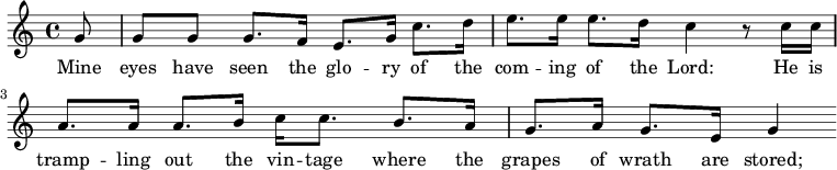 \relative c'' { \partial 8 g8 g g g8. f16 e8. g16 c8. d16 e8. e16 e8. d16 c4 r8 c16 c a8. a16 a8. b16 c c8. b a16 g8. a16 g8. e16 g4} \addlyrics {Mine eyes have seen the glo -- ry of the com -- ing of the Lord: He is tramp -- ling out the vin -- tage where the grapes of wrath are stored; } 