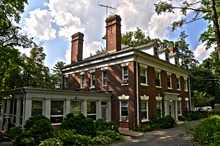 A rectangular two-story brick building