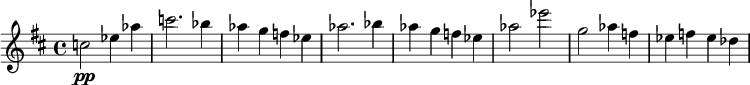 
\relative c'' {
  \key d \major
  c2\pp es4 as4 | c2. bes4 | as g f es | as2. bes4 | as g f es | as2 es' | g, as4 f | es f es des
}
