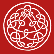 Modern Celtic-inspired design involving a circle surrounding a triangle; between them are undulating and crossing patterns. The background is crimson.