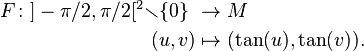 \begin{align}
 F\colon ]-\pi/2,\pi/2[^2\smallsetminus\{0\} \ &\to M \\
 (u,v) &\mapsto (\tan(u),\tan(v)).
\end{align}