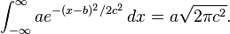 \int_{-\infty}^{\infty} ae^{-(x-b)^2/2c^2}\,dx=a\sqrt{2\pi c^2}.