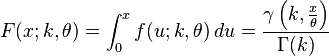  F(x;k,\theta) = \int_0^x f(u;k,\theta)\,du = \frac{\gamma\left(k, \frac{x}{\theta}\right)}{\Gamma(k)}