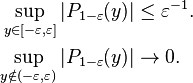 \begin{align}
\sup_{y\in [-\varepsilon,\varepsilon]} |P_{1-\varepsilon}(y)| &\le \varepsilon^{-1}. \\
\sup_{y\notin (-\varepsilon,\varepsilon)} |P_{1-\varepsilon}(y)| &\to 0.
\end{align}