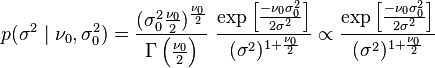 p(\sigma^2\mid\nu_0,\sigma_0^2) = \frac{(\sigma_0^2\frac{\nu_0}{2})^{\frac{\nu_0}{2}}}{\Gamma\left(\frac{\nu_0}{2} \right)}~\frac{\exp\left[ \frac{-\nu_0 \sigma_0^2}{2 \sigma^2}\right]}{(\sigma^2)^{1+\frac{\nu_0}{2}}} \propto \frac{\exp\left[ \frac{-\nu_0 \sigma_0^2}{2 \sigma^2}\right]}{(\sigma^2)^{1+\frac{\nu_0}{2}}}